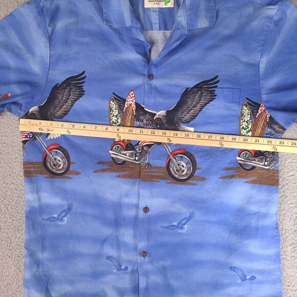 Vintage Ky's Hawaiian Shirt Mens XL Blue Motorcycle Surf Board Eagle USA Made - Picture 8 of 12
